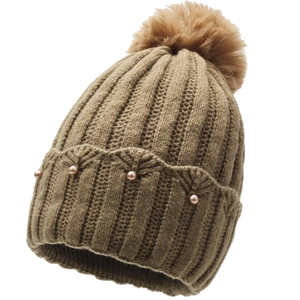 Women Knitted Beanie Hat With Faux Fur Pom Pom And Artificial Pearls Fleece Lined Thick Winter Warm Outdoor Ribbed Scalloped Cap