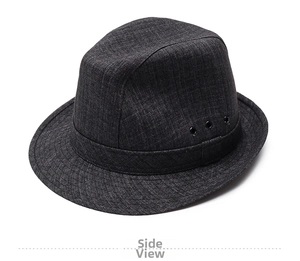 Close-up of dark grey fedora showing woven texture and side metal ventilation eyelets