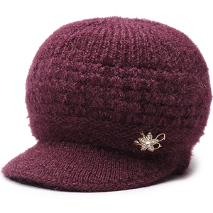 Cappello invernale in maglia viola scuro per anziane con strass e fodera in pile