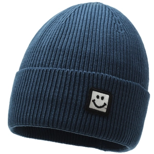 Classic navy ribbed knit beanie with a minimalist white square smiley face patch