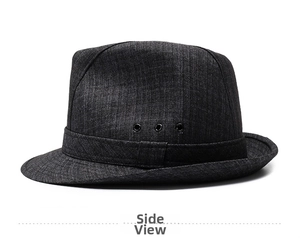 Detail of dark grey twill fedora hat with metallic side ventilation eyelets and fabric band