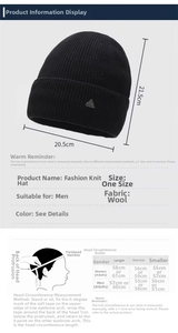 Size chart for winter knit hat showing dimensions and head circumference measurements