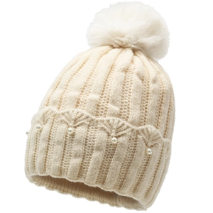 Winter cream knit beanie with white faux pearl accents and a fluffy pom-pom top