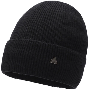 Classic black knitted beanie hat with vertical stripe pattern and metal vogue plaque