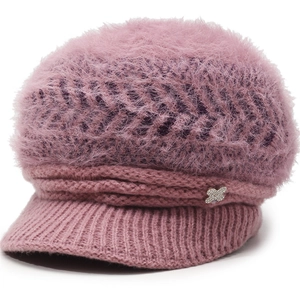 Winter knitted visor hat for women in pale purple plush with diamond butterfly decoration