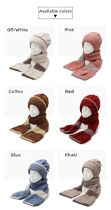 Detail showcasing six colors of thick knitted hooded scarf hat with ear protection