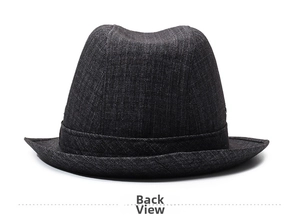 Rear view of dark grey textured wool fedora hat with classic crown and decorative band