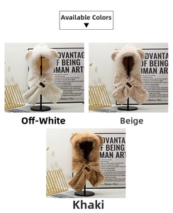 Detailed view of bear-ear hooded scarves in off-white, beige, and khaki with leather buckle