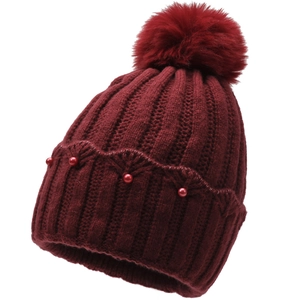 Burgundy winter knit beanie for women with faux fur pompom and pearl accents