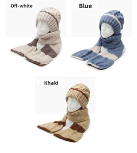 Vertikale Anzeige von Strickmützen und Schals in Beige, Blau und Khaki auf Mannequins