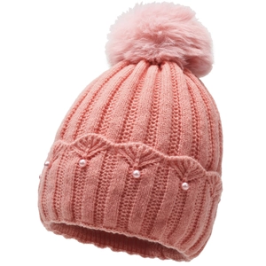 Pink knit beanie with pom-pom and pearl scalloped edge for winter outdoor warmth