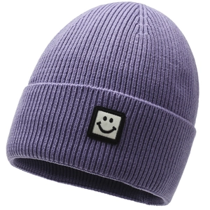 Detail of purple ribbed knit beanie featuring a smiley face patch and soft texture