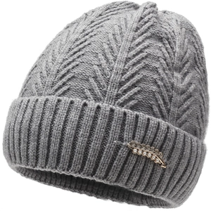 Winter fleece-lined knit hat for women featuring a gray wool blend and pearl leaf accent