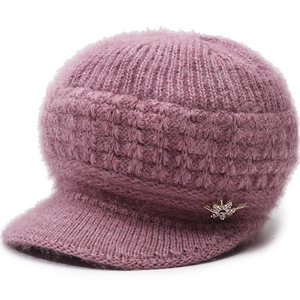 Cappello invernale in maglia per donne anziane con fodera in pile e fiore di strass