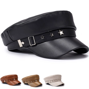 Vintage Artificial Leather Newsboy Cap For Women With Silver Star Rivets Metal Chain Rhinestones Military Flat Top Hat