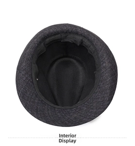 Inside view of men's gray fedora hat showing internal structure and black sweatband