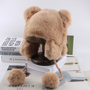 Furry winter bear ear hat for women in khaki, featuring warm plush material and cute pom-poms