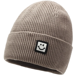 Brown knit beanie with smiley face patch, ribbed winter skull cap for men and women