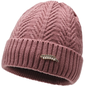 Winter knitted hat for elderly women with warm fleece lining and pearl leaf brooch detail