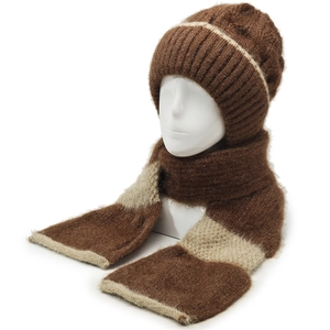 Close-up of thick knitted beanie and scarf set in dark brown and beige contrast
