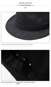 Detail of dark grey fedora showing wide brim with metal air vents and soft sweatband