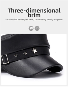 Detail showing the black PU leather baker boy hat with silver star rivets and side buckle