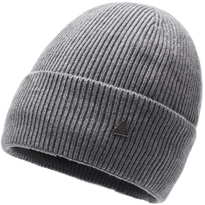 Grey ribbed knit beanie for men and women featuring a vintage triangular metal logo