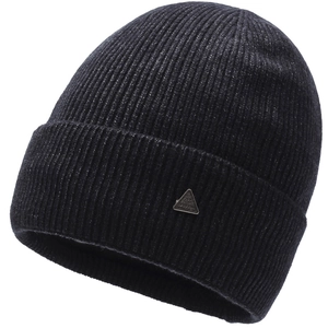 Close-up of black knitted beanie featuring detailed texture and a triangular metal logo