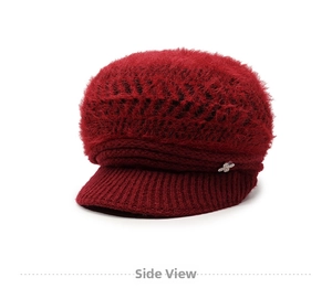 Detail view of burgundy knitted hat with plush texture and bee rhinestone ornament