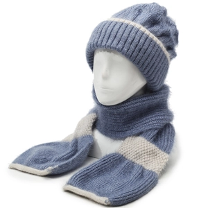 Knitted winter hat and scarf set for women with thick grey-blue fleece lining for warmth