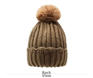 Detailed back view of a brown ribbed knit winter hat with a fluffy faux fur pompom