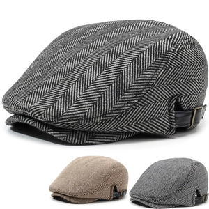 Three men's wool herringbone ivy caps in grey and beige with side leather buckles