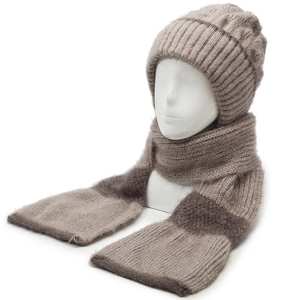 Detail of thick knit scarf set showing chunky wool texture and earflap design on model
