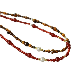 Vintage mixed bead necklace with red agate, tiger eye stones, and pearls for women