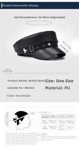 Size guide for PU leather beret showing 56-60cm adjustable head circumference and dimensions