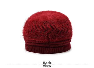 Detailed back view of dark red knit winter hat showing thick plush fur texture and weave