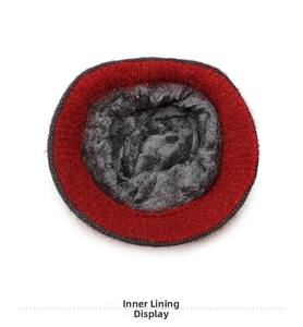 Detail of the thick fleece lining inside this winter knitted hat for elderly women