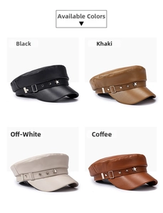 Flat top PU leather newsboy hats with metal star rivets in four neutral colors