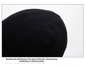 Detail of reinforced top stitching and ribbed knit texture on a black winter beanie