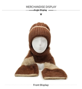 Close-up of brown and beige knitted winter hat scarf set with mohair texture on mannequin