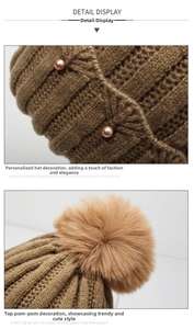 Detailed knit texture of brown winter hat featuring pearl beads and faux fur pompom