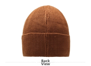 Detailed back view of a brown ribbed knit beanie for winter skiing and cold protection