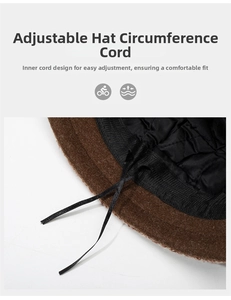 Detailed interior of winter knit bucket hat showing the black adjustable sizing drawstring