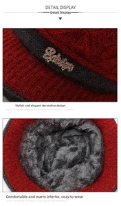 Detail of winter knit hat featuring red jacquard weave and thick grey fleece lining