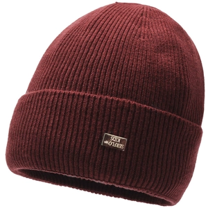 Detailed texture of burgundy ribbed knit beanie for kids with metallic front patch