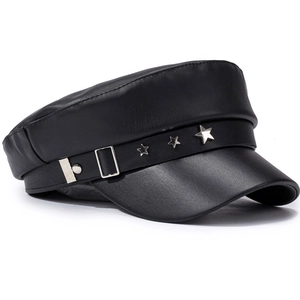 Classic black PU leather newsboy cap with silver star studs and flat top design