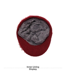 Detail view of winter knitted hat featuring thick grey fleece lining for extra warmth