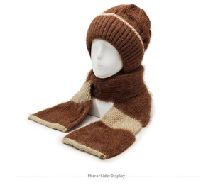 Detail view of thickened knitted warm winter hat and scarf set with fuzzy texture