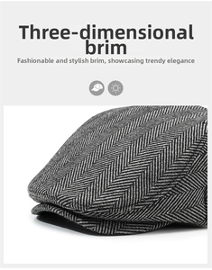 Macro shot of dark grey herringbone tweed texture on a vintage flat cap's stiff brim