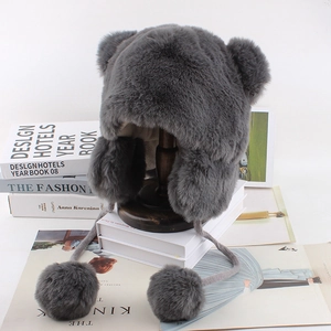 Thick dark grey plush bear ear hat with pom-poms for winter warmth and wind protection